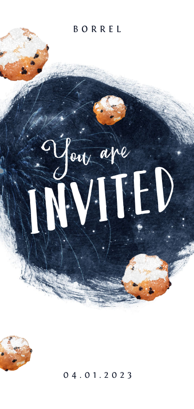 Uitnodiging nieuwjaarsborrel oliebollen vuurwerk verf - Nieuwjaarskaarten Nieuwjaarskaarten - Uitnodiging nieuwjaarsborrel oliebollen vuurwerk verf