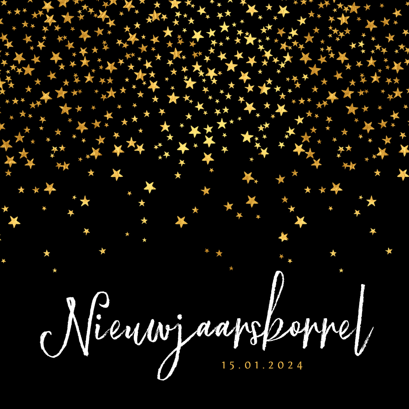 Nieuwjaarskaarten - Uitnodiging nieuwjaarsborrel sterren goud confetti