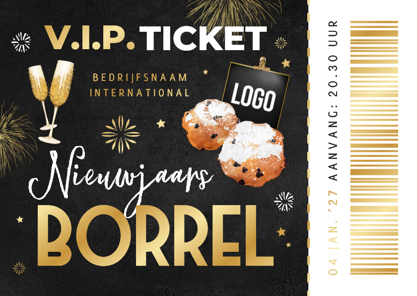 Uitnodiging nieuwjaarsborrel ticket VIP oliebollen champagne - Nieuwjaarskaarten Nieuwjaarskaarten - Uitnodiging nieuwjaarsborrel ticket VIP oliebollen champagne