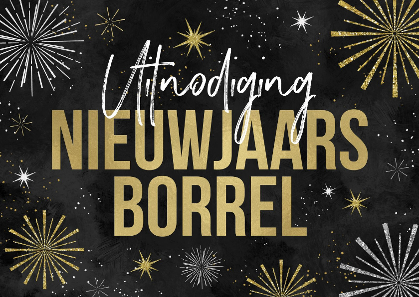 Nieuwjaarskaarten - Uitnodiging nieuwjaarsborrel vuurwerk champagne oliebollen