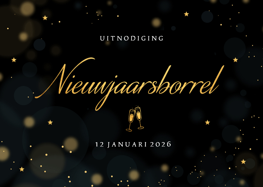 Uitnodiging Nieuwjaarsborrel zwart goudlook champagneglazen - Nieuwjaarskaarten Nieuwjaarskaarten - Uitnodiging Nieuwjaarsborrel zwart goudlook champagneglazen