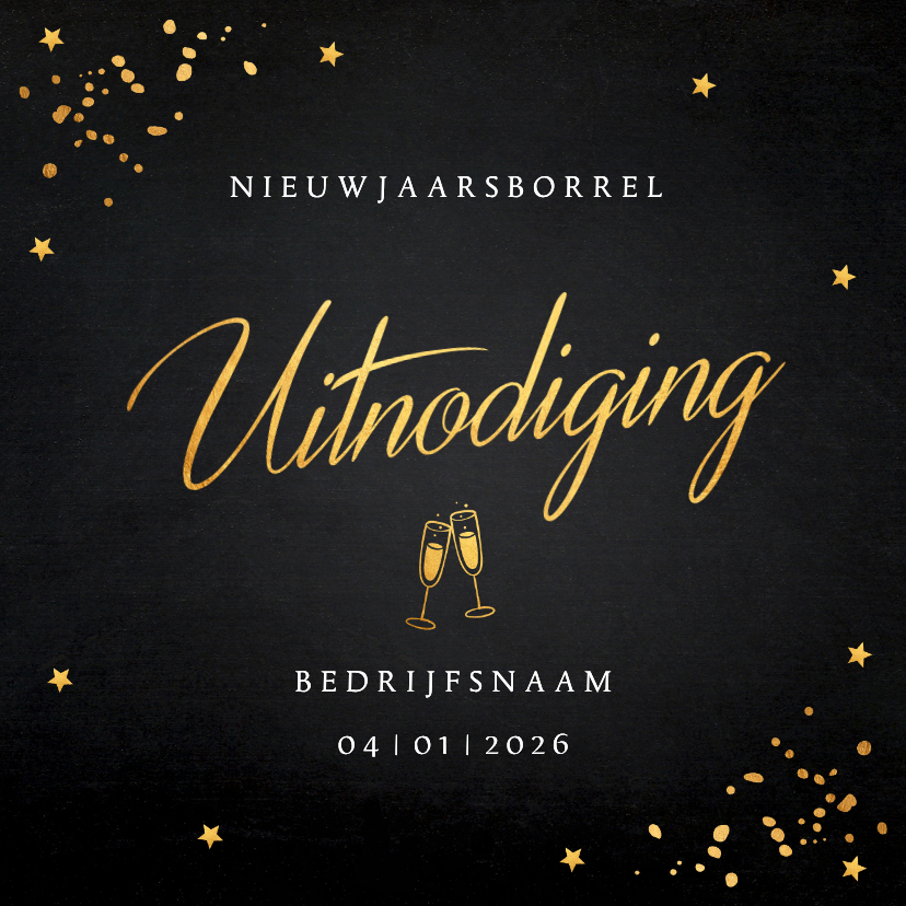 Uitnodiging nieuwjaarsborrel zwart goudlook sterren 2026 - Nieuwjaarskaarten Nieuwjaarskaarten - Uitnodiging nieuwjaarsborrel zwart goudlook sterren 2026