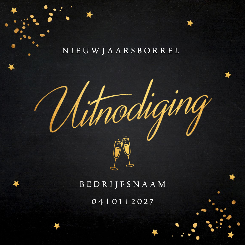 Nieuwjaarskaarten - Uitnodiging nieuwjaarsborrel zwart goudlook sterren 2027