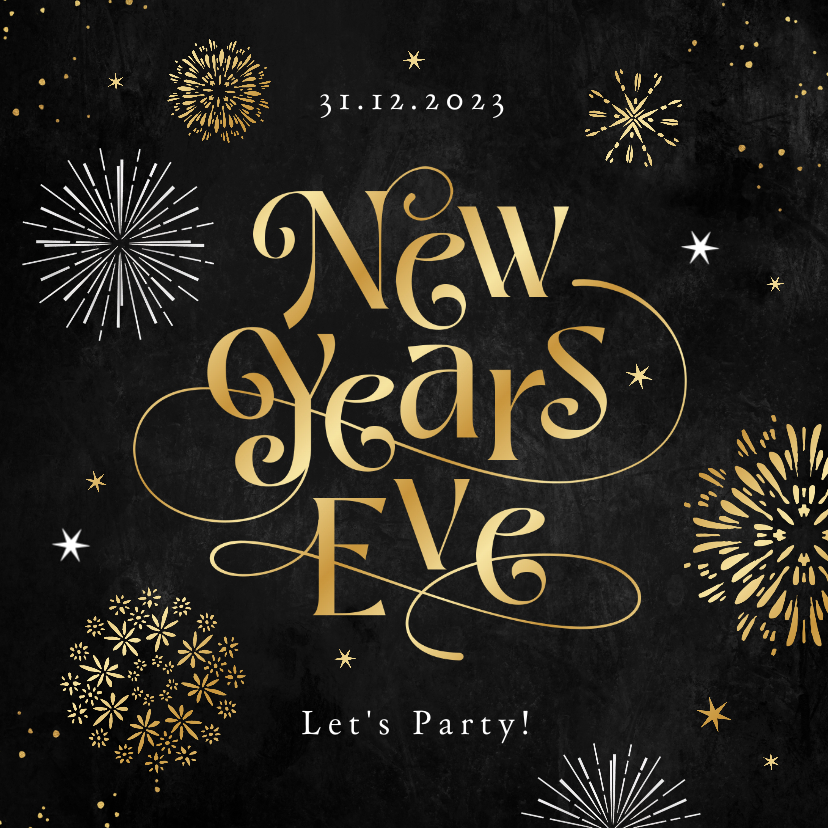 Nieuwjaarskaarten - Uitnodiging oud en nieuw vuurwerk goud sierlijke typografie