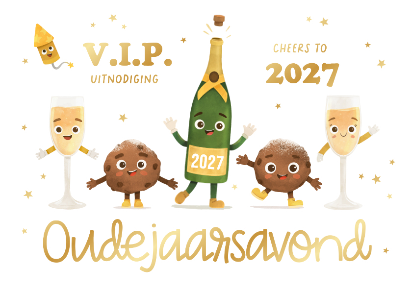 Nieuwjaarskaarten - Uitnodiging oudejaarsavond champagne oliebollen humor