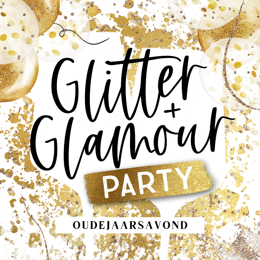 Nieuwjaarskaarten - Uitnodiging oudejaarsavond 'Glitter&Glamour Party' goudlook