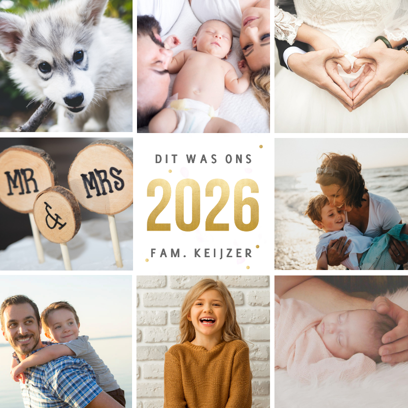 Nieuwjaarskaarten - Vierkante nieuwjaarskaart fotocollage met terugblik op 2026