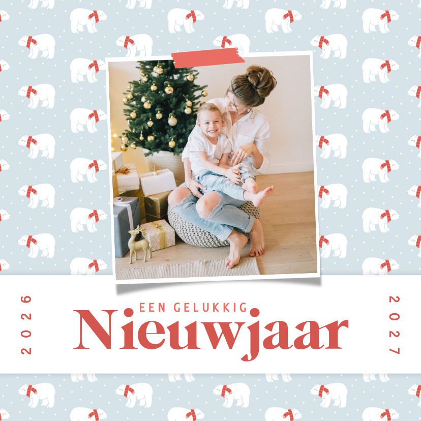 Vrolijk nieuwjaarskaartje met ijsbeer patroontje en foto - Nieuwjaarskaarten Nieuwjaarskaarten - Vrolijk nieuwjaarskaartje met ijsbeer patroontje en foto