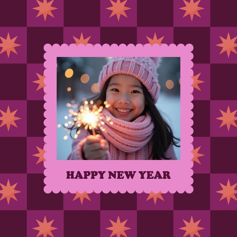 Vrolijke foto nieuwjaarskaart blokjespatroon met sterren - Nieuwjaarskaarten Nieuwjaarskaarten - Vrolijke foto nieuwjaarskaart blokjespatroon met sterren