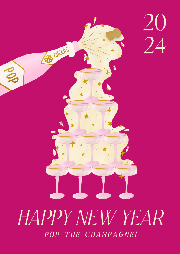 Nieuwjaarskaarten - Vrolijke knalroze nieuwjaarskaart met champagnetoren