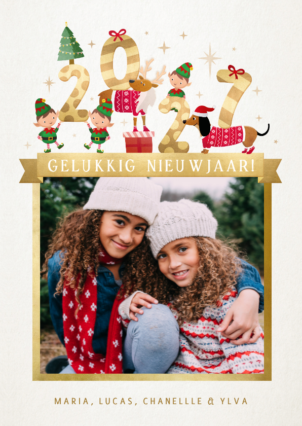 Vrolijke moderne 2027 nieuwjaarskaart met lieve diertjes - Nieuwjaarskaarten Nieuwjaarskaarten - Vrolijke moderne 2027 nieuwjaarskaart met lieve diertjes