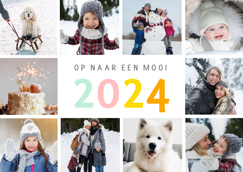 Nieuwjaarskaarten - Vrolijke nieuwjaars fotocollage kaart met gekleurd 2024