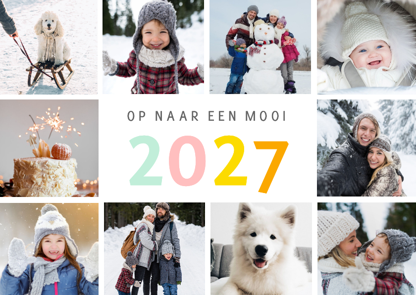 Vrolijke nieuwjaars fotocollage kaart met gekleurd 2027 - Nieuwjaarskaarten Nieuwjaarskaarten - Vrolijke nieuwjaars fotocollage kaart met gekleurd 2027
