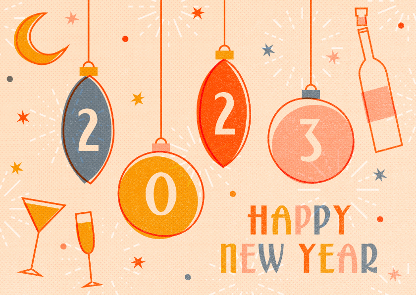 Nieuwjaarskaarten - Vrolijke nieuwjaarskaart 2023 met champagne en sterren