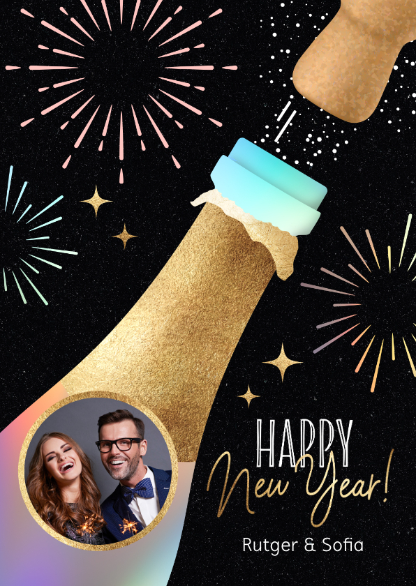Nieuwjaarskaarten - Vrolijke nieuwjaarskaart foto en champagne