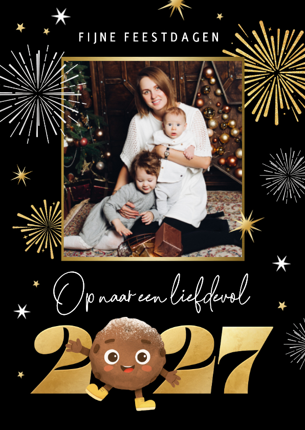 Nieuwjaarskaarten - Vrolijke nieuwjaarskaart foto oliebol 2027 vuurwerk