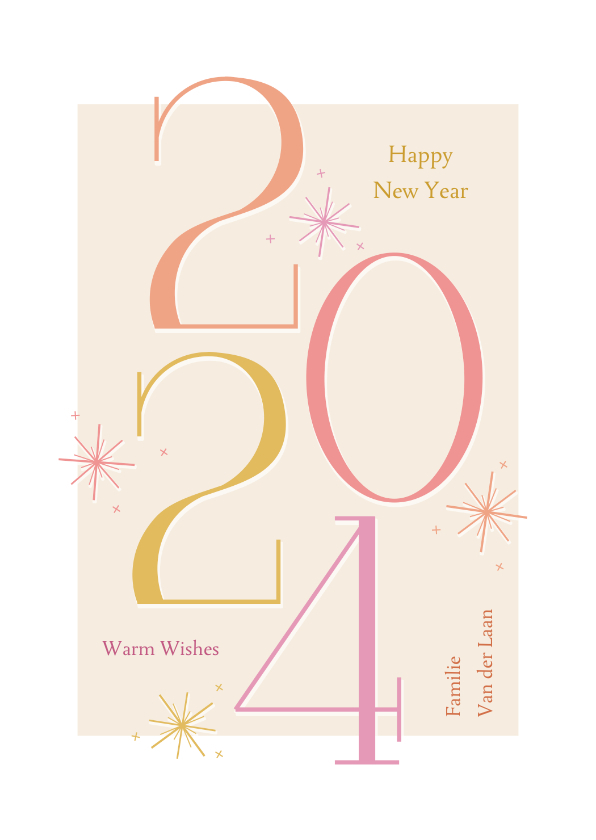 Nieuwjaarskaarten - Vrolijke nieuwjaarskaart met gekleurde cijfers en sterren