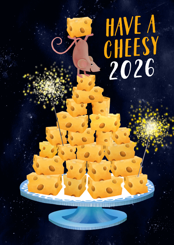 Vrolijke nieuwjaarskaart met kaasblokjes en een muis - Nieuwjaarskaarten Nieuwjaarskaarten - Vrolijke nieuwjaarskaart met kaasblokjes en een muis