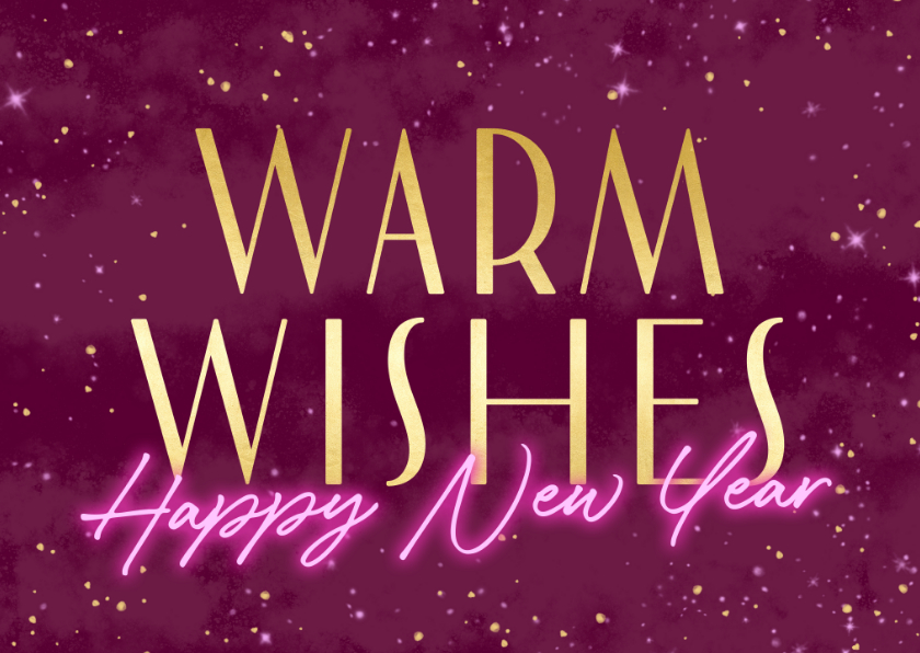 Nieuwjaarskaarten - Vrolijke nieuwjaarskaart met sterretjes goud en roze neon