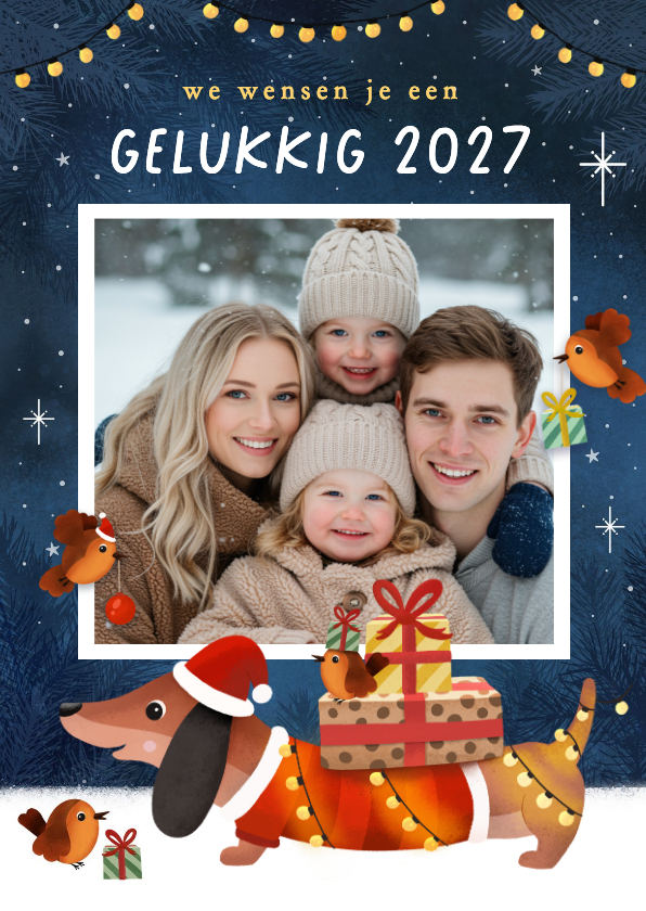 Nieuwjaarskaarten - Vrolijke nieuwjaarskaart met teckel en roodborstjes en foto