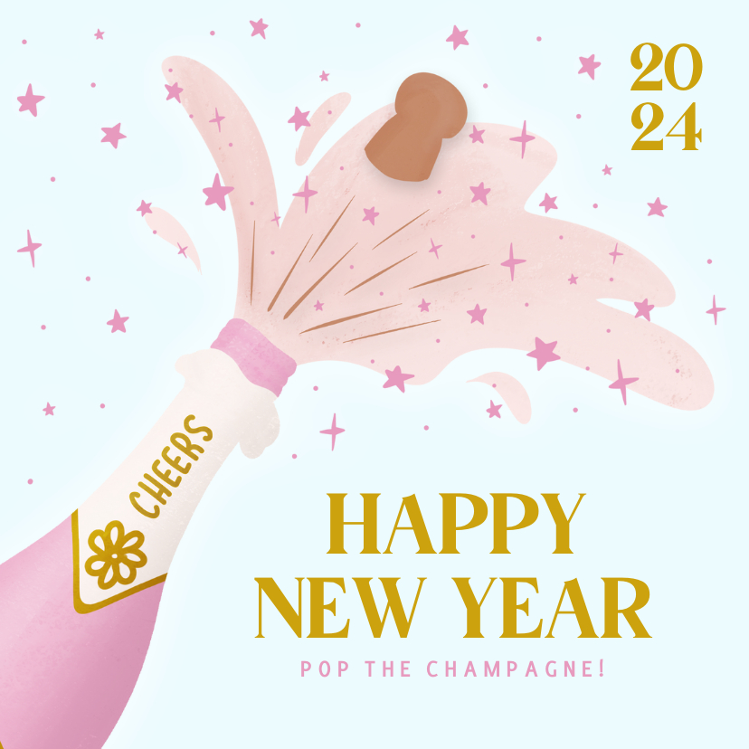 Vrolijke nieuwjaarskaart roze met champagnefles - Nieuwjaarskaarten Nieuwjaarskaarten - Vrolijke nieuwjaarskaart roze met champagnefles