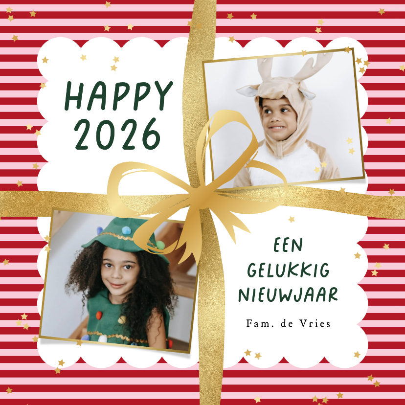 Vrolijke nieuwjaarskaart streeppatroon strik sterren goud - Nieuwjaarskaarten Nieuwjaarskaarten - Vrolijke nieuwjaarskaart streeppatroon strik sterren goud