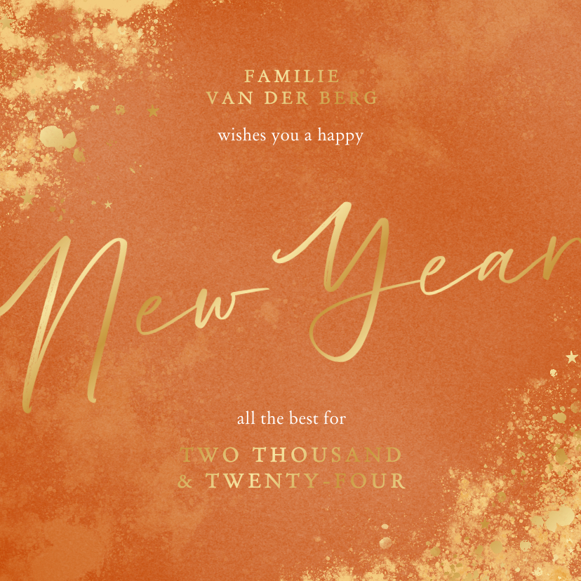 Nieuwjaarskaarten - Vrolijke oranje nieuwjaarskaart met gouden glitters