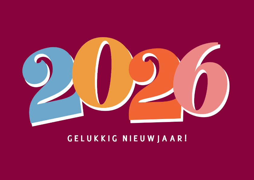 Vrolijke paarse nieuwjaarskaart met gekleurd jaartal - Nieuwjaarskaarten Nieuwjaarskaarten - Vrolijke paarse nieuwjaarskaart met gekleurd jaartal