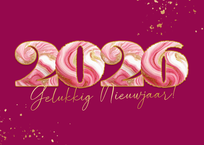 Vrolijke roze nieuwjaarskaart met gemarmerd jaartal - Nieuwjaarskaarten Nieuwjaarskaarten - Vrolijke roze nieuwjaarskaart met gemarmerd jaartal