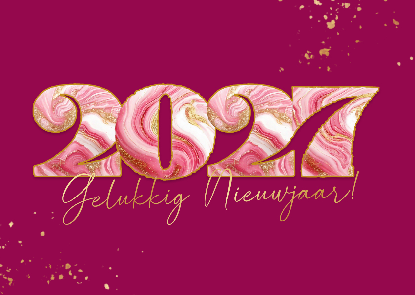 Vrolijke roze nieuwjaarskaart met gemarmerd jaartal - Nieuwjaarskaarten Nieuwjaarskaarten - Vrolijke roze nieuwjaarskaart met gemarmerd jaartal