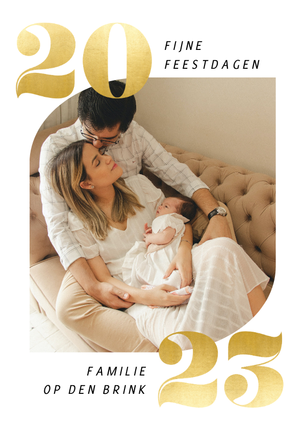 Witte fotokaart fijne feestdagen met goudlook 2023 - Nieuwjaarskaarten Nieuwjaarskaarten - Witte fotokaart fijne feestdagen met goudlook 2023