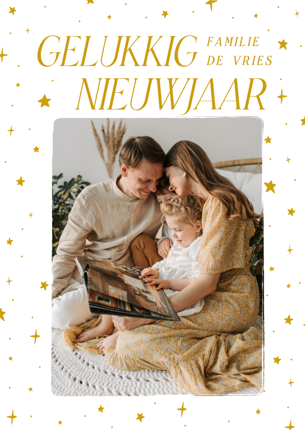 Nieuwjaarskaarten - Witte nieuwjaarskaart met grote foto en sterren