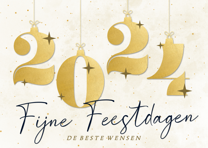 Nieuwjaarskaarten - Witte nieuwjaarskaart met kerstballen cijfers in goudlook