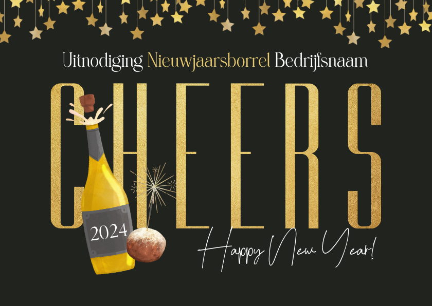 Nieuwjaarskaarten - Zakelijk uitnodiging nieuwjaarsborrel champagne oliebol ster