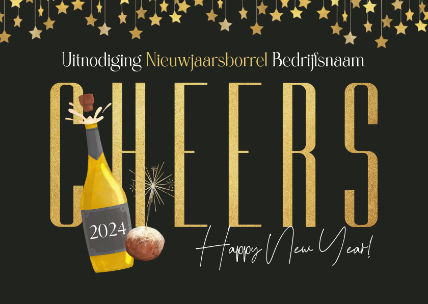 Zakelijk uitnodiging nieuwjaarsborrel champagne oliebol ster - Nieuwjaarskaarten Nieuwjaarskaarten - Zakelijk uitnodiging nieuwjaarsborrel champagne oliebol ster