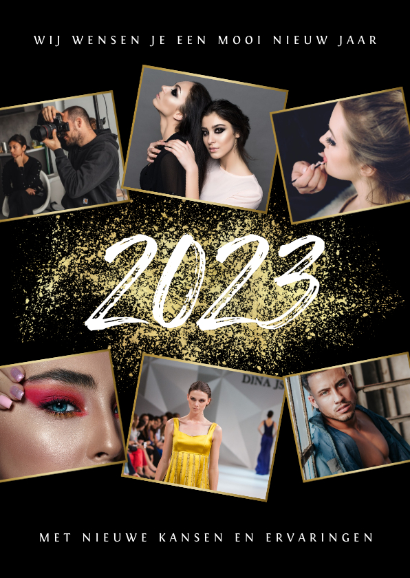 Zakelijke kerst- en nieuwjaarskaart 2023 goud spetters foto - Nieuwjaarskaarten Nieuwjaarskaarten - Zakelijke kerst- en nieuwjaarskaart 2023 goud spetters foto