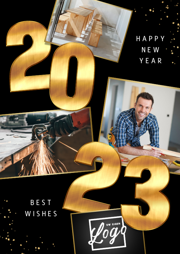 Zakelijke Nieuwjaarskaart 2023 goud cijfers spetters foto - Nieuwjaarskaarten Nieuwjaarskaarten - Zakelijke Nieuwjaarskaart 2023 goud cijfers spetters foto