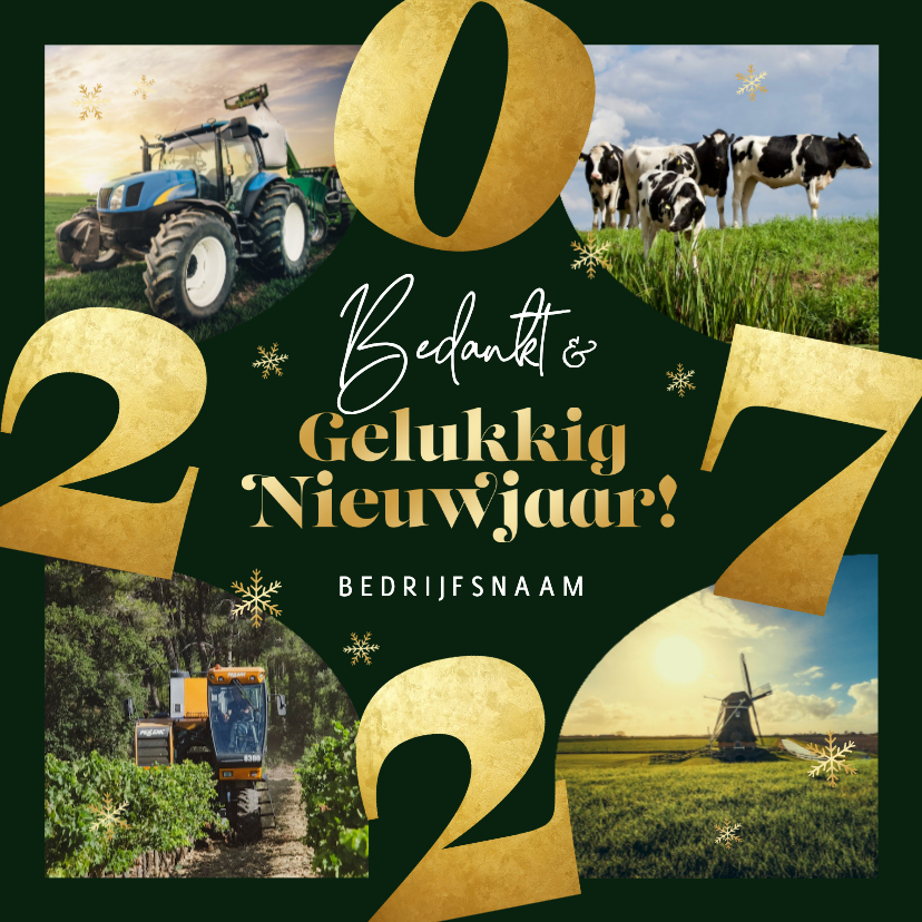 Zakelijke nieuwjaarskaart 2027 fotocollage goud sneeuw groen - Nieuwjaarskaarten Nieuwjaarskaarten - Zakelijke nieuwjaarskaart 2027 fotocollage goud sneeuw groen