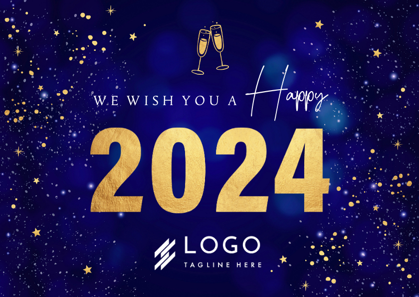 Nieuwjaarskaarten - Zakelijke Nieuwjaarskaart blauw spetters goudlook 2024