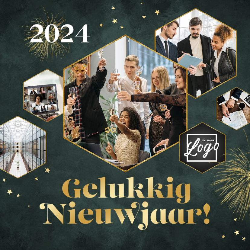 Nieuwjaarskaarten - Zakelijke nieuwjaarskaart fotocollage vuurwerk sterren goud