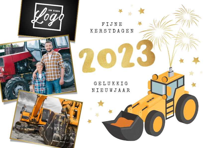 Zakelijke nieuwjaarskaart graafmachine bouw 2023 vuurwerk - Nieuwjaarskaarten Nieuwjaarskaarten - Zakelijke nieuwjaarskaart graafmachine bouw 2023 vuurwerk