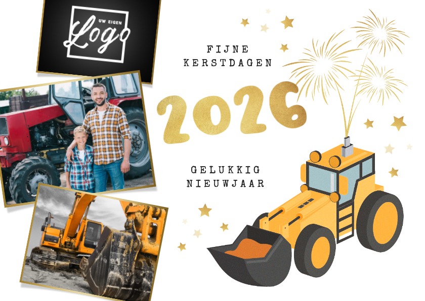 Zakelijke nieuwjaarskaart graafmachine bouw 2026 vuurwerk - Nieuwjaarskaarten Nieuwjaarskaarten - Zakelijke nieuwjaarskaart graafmachine bouw 2026 vuurwerk