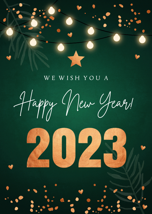 Nieuwjaarskaarten - Zakelijke nieuwjaarskaart groen lampjes 2023 koperlook