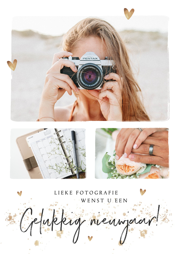 Zakelijke nieuwjaarskaart met foto's en goudlook hartjes - Nieuwjaarskaarten Nieuwjaarskaarten - Zakelijke nieuwjaarskaart met foto's en goudlook hartjes