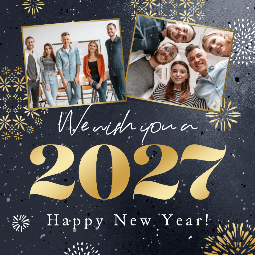 Zakelijke nieuwjaarskaart sterren vuurwerk foto 2027 goud - Nieuwjaarskaarten Nieuwjaarskaarten - Zakelijke nieuwjaarskaart sterren vuurwerk foto 2027 goud