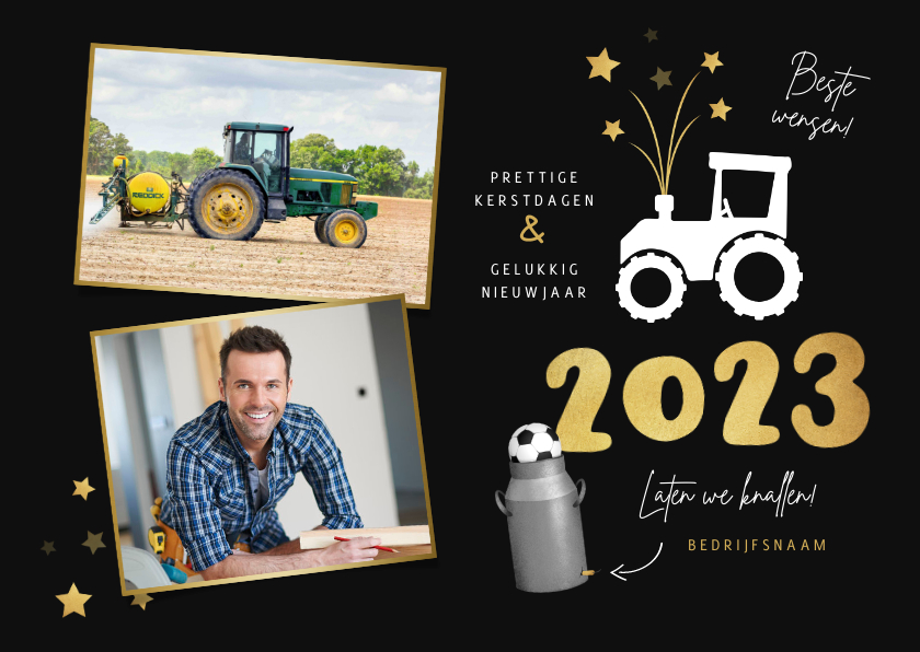 Nieuwjaarskaarten - Zakelijke nieuwjaarskaart tractor vuurwerk carbid 2023