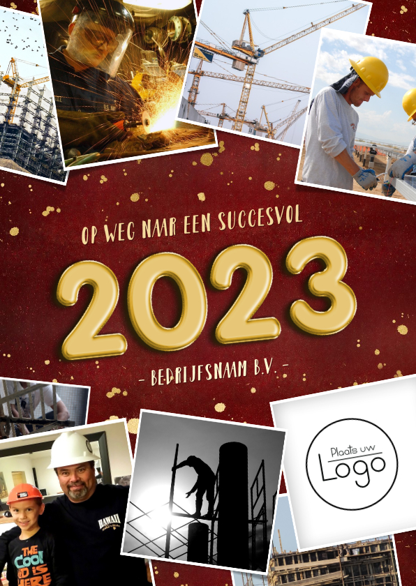Zakelijke rode nieuwjaarskaart 9 foto's gouden 2023 - Nieuwjaarskaarten Nieuwjaarskaarten - Zakelijke rode nieuwjaarskaart 9 foto's gouden 2023