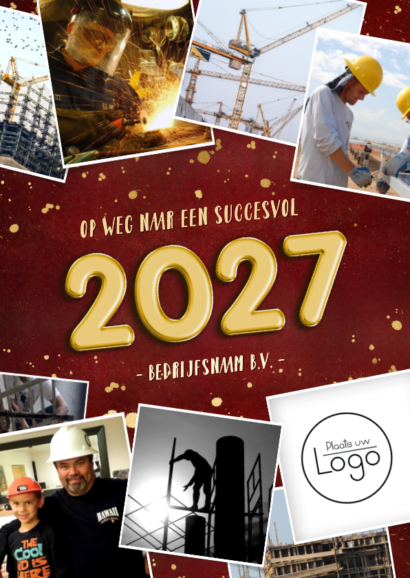 Nieuwjaarskaarten - Zakelijke rode nieuwjaarskaart 9 foto's gouden 2027 