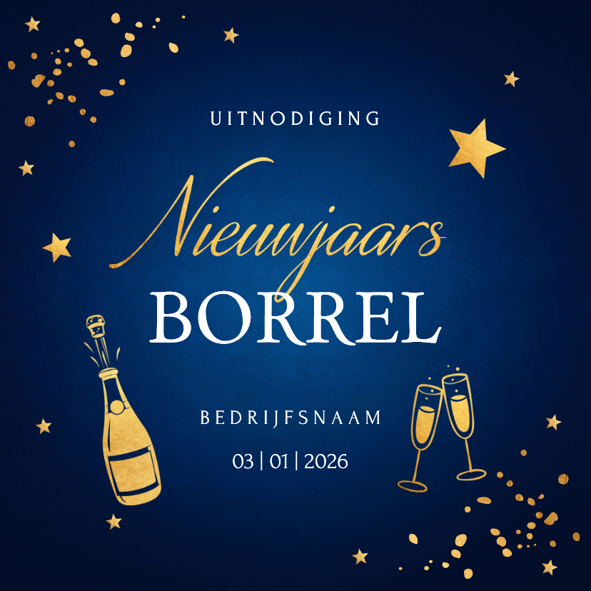 Zakelijke uitnodiging Nieuwjaarsborrel blauw goudlook 2026 - Nieuwjaarskaarten Nieuwjaarskaarten - Zakelijke uitnodiging Nieuwjaarsborrel blauw goudlook 2026