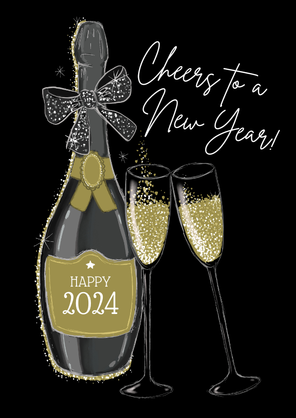 Nieuwjaarskaarten - Zakelijke uitnodiging nieuwjaarsborrel champagnefles